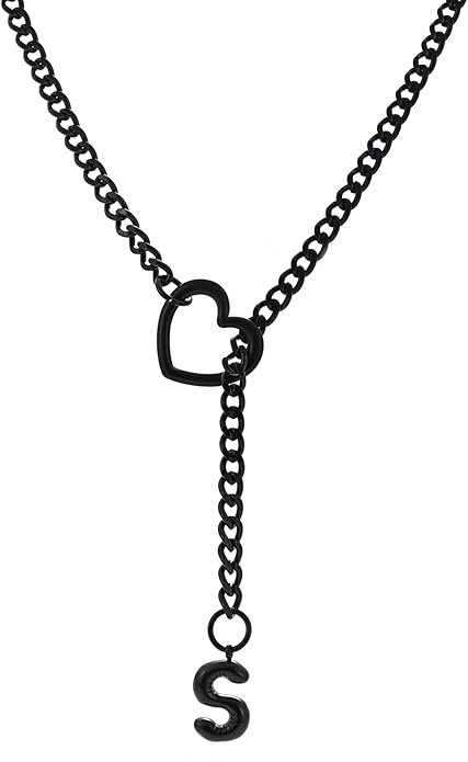 Black Heart Slip Chain Initial Necklaces for Women,Stainless Steel O-Ring Adjustable Lariat Heart Y-Necklace,Punk Gothic Cuban Collar Choker Necklace for women