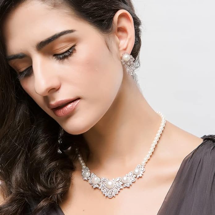 Women's Bridal Jewelry Set, 14K Gold Freshwater Pearl & Crystal, Choker Necklace & Drop Earrings, Elegant Wedding Fashion Ensemble