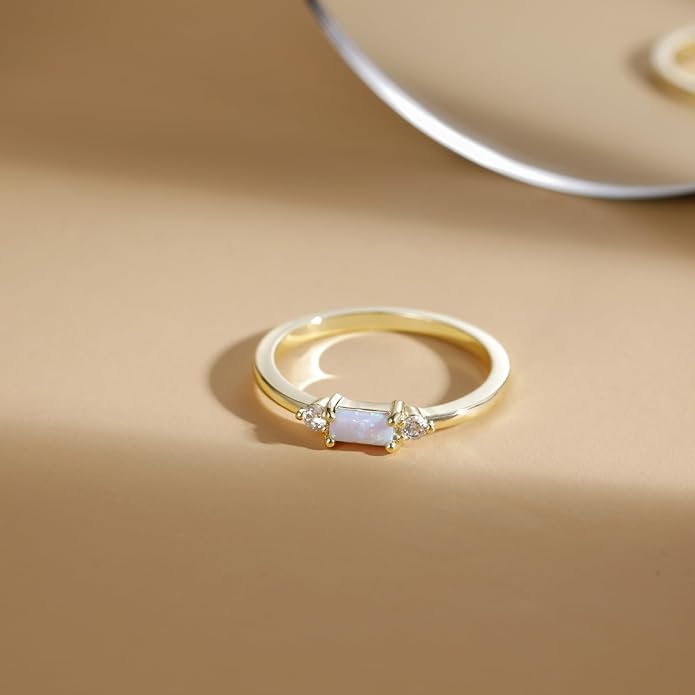 SHINYSO 14K Gold Plated Wedding Bands for Women Baguette Opal Ring Cubic Zirconia CZ Pave Thin Stackable Anniversary Rings for Her Size 4-10