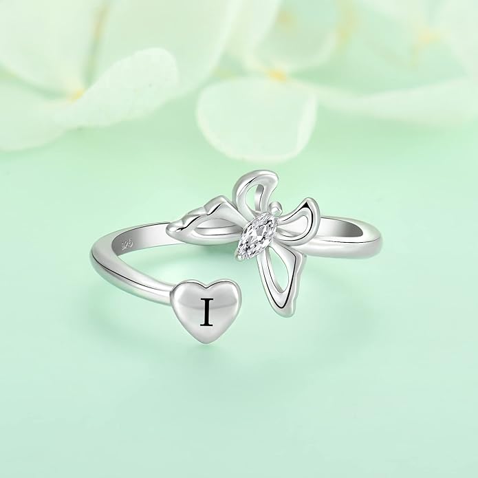 STARCHENIE Butterfly Initial Ring for Women 925 Sterling Silver Letters A-Z 26 Alphabet Adjustable Ring Size 7