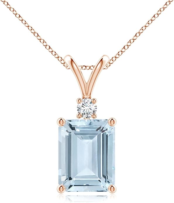 Angara Natural Aquamarine Solitaire Pendant for Women | Emerald-Cut Aquamarine Pendant with Diamond in 14K Solid Gold/Silver/Platinum With 18" Chain | March Birthday, Gemstone Jewelry Gift