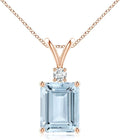 Angara Natural Aquamarine Solitaire Pendant for Women | Emerald-Cut Aquamarine Pendant with Diamond in 14K Solid Gold/Silver/Platinum With 18" Chain | March Birthday, Gemstone Jewelry Gift