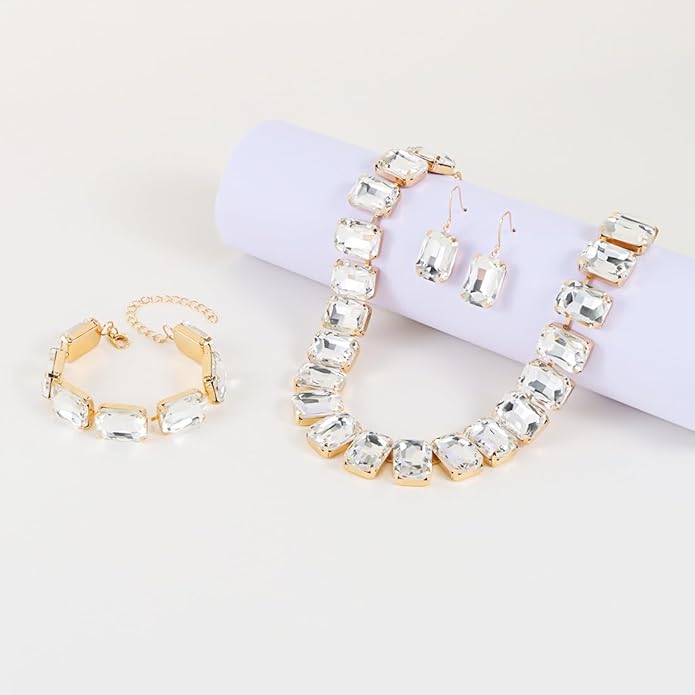 KOSMOS-LI Rectangle Faux Crystal Jewelry Sets Includ Necklace Bracelet Earrings For Women Stocking Stuffers