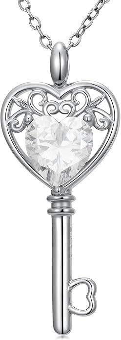 WSX Heart Key Birthstone Necklace for Women 925 Sterling Silver Love Key Pendant with Birthstone Valentine's Day Anniversary Jewelry Gift for Her