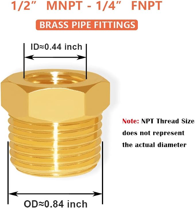 Hooshing 6PCS Brass Reducer Hex Bushing 1/2" NPT Male x 1/4" NPT Female | Heavy - Image 2
