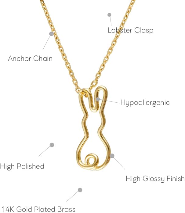 Bunny Pendant Necklace – MUSTHAVE 18K Gold Plated Minimalist Rabbit Outline Jewelry for Women, Dainty Animal Charm, Cute Nature Inspired Gift, Handmade Korean Jewelry, 16+2 inch Extender, Message Card, Birthday, BFF, Unisex (Yellow Gold)