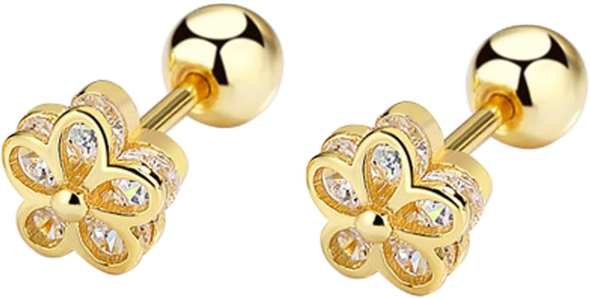 18K Gold Plated Sterling Silver Cubic Zirconia Screw Back Small Trendy Dainty Cute Flower Stud Earrings for Women with Jewelry Rose Box