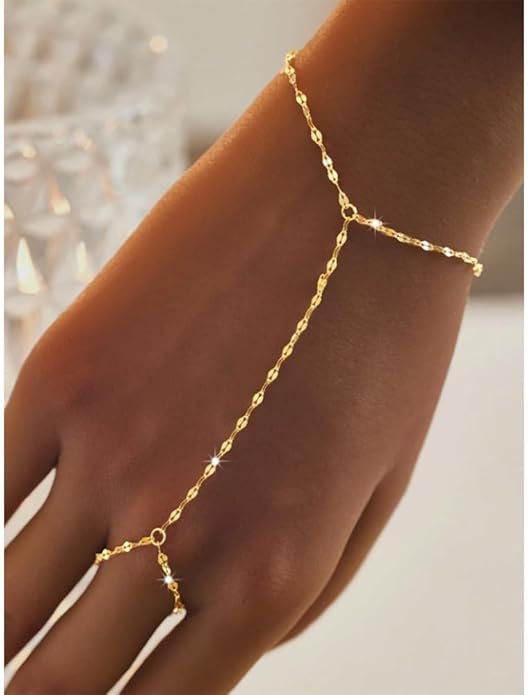 3PCS 14K Gold-Plated Hand Chain Bracelets for Women, Stack Bracelets Set Adjustable, Trendy Dainty Ring Bracelet Hand Chain