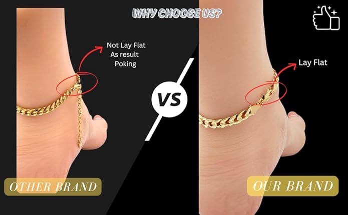 Gold Electroplated Anklet for Women, 9-12 Inch Sizes, Figaro, Cuban, Mariner, Herringbone Design - Made in Korea
