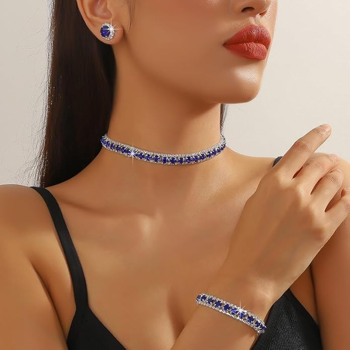 Women Rhinestone Crystal Jewelry Set Crystal Tennis Design Rhinestone Choker Necklace Link Bracelet Teardrop Earrings Set Wedding Bridal Bridesmaids Party