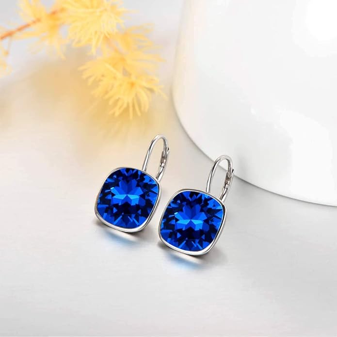 AOBOCO Sterling Silver Leverback Earrings Embellished with Crystals from Austria, Hypoallergenic Cushion Cut Square Crystal Earrings, Fine Anniversary Birthday Jewelry Gifts for Women