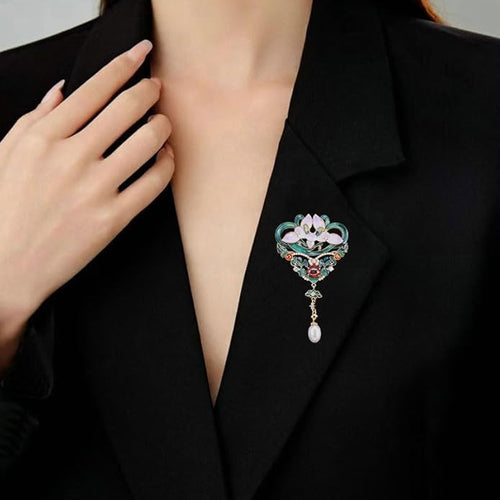 14K Gold Handmade Enamel Water Lily Brooch, Freshwater Pearl Pendant, Elegant Design for Cheongsam, Coats and Chinese Style Outfits