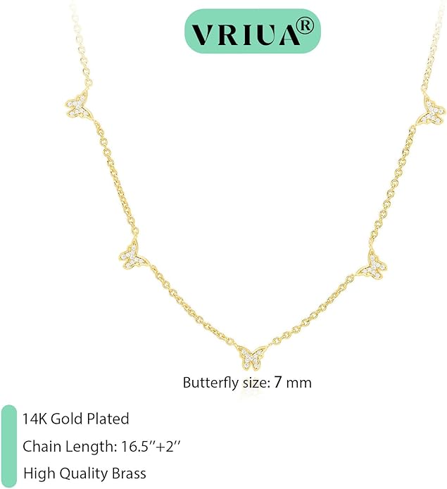 VRIUA Necklaces for Women - 14K Gold/Silver Plated Dainty Chain Necklace with Five Charms: Diamond, Bow, Snowflake, Cross, Flower, Clover, Butterfly, Heart, Star of David, and Star Trendy Jewelry