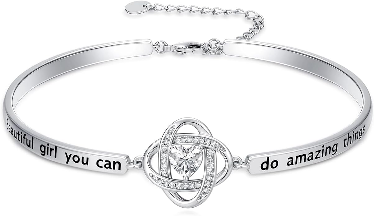 Valentines Day Gifts for Her, 18k White Gold Plated Love Knot Bracelets, Engraved Inspirational and Sentiment Bangle, Anniversary Birthday Jewelry Gift for Lover Wife Girlfriend Sister Friends
