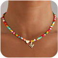 M MOOHAM Valentines Gifts for Kids Teen Girls- Colorful Beaded Initial Necklace for Women 14K Gold Plated Heart Initial Choker Necklaces for Women Girls Jewelry, Letter A-Z Pendant Birthday Gifts