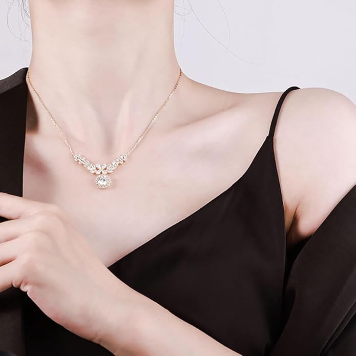 14K Gold D-color Round Cut Diamond Collarbone Necklace for Women, Ideal Gift for Your Beloved Wife, Choice for Special Occasions or Romantic Evenings Out,15.35+1.57" Chain