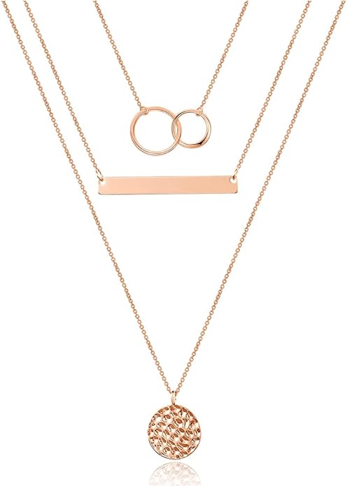 Turandoss Dainty Layered Choker Necklace, Handmade Y Pendant Necklace Multilayer Bar Disc Necklace Adjustable Layering Choker Necklaces for Women