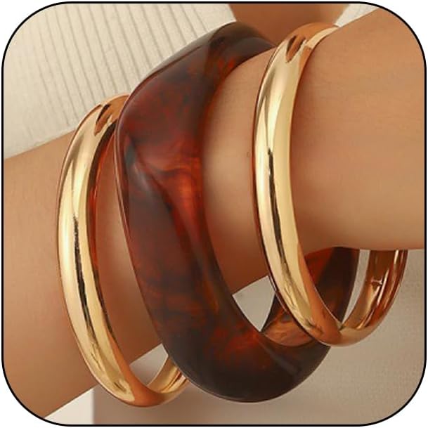 3PCS Chunky Acrylic Bangle bracelets Set for Women Resin Bangle Gold Bracelet Stack Fashions Thick Acetate Statement Trendy Jewelry Set