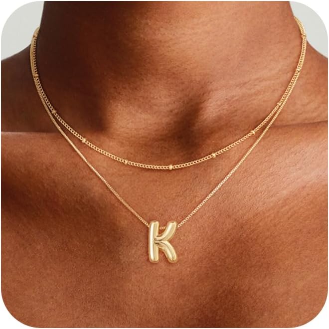 Initial 14K Gold Plated Necklaces for Women, Layered Bubble Letter A-Z Necklace Pendant Choker Necklaces for Women Trendy Monogram Name Necklace Personalized Jewelry for Women