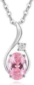FANCIME 14K Solid White Gold Oval Gemstone Necklace with Diamond Pendant Gifts for Mom Women,16"+2" Inches