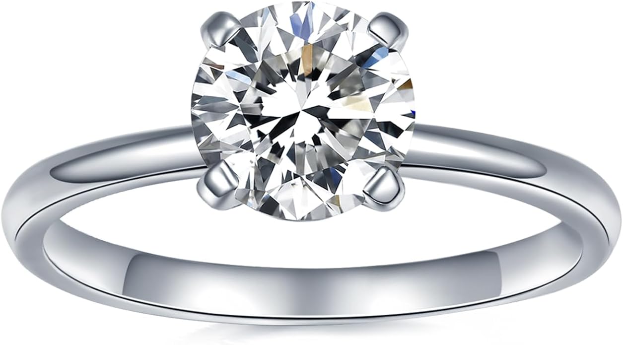 IMOLOVE Solitaire Moissanite Engagement Ring, 1CT D Color VVS1 Clarity, 925 Sterling Silver with 18K White Gold Plated, Ideal Gift for Women