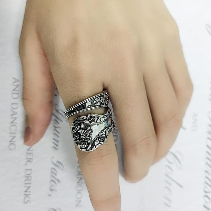 Vintage Flowers Spoon Rings Promise Wedding Engagement Statement Boho Circling Rose Flower Cluster Finger Open Ring Adjustable Extendable Wrap Bands for Women Men Retro Jewelry