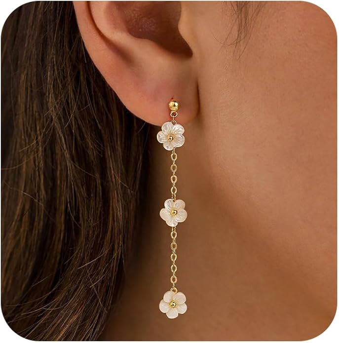 Moodear Gold Dangle Earrings for Women Trendy Dainty 14K Gold Plated Pearl Flower Dangle Drop Stud Chain Earrings Hypoallergenic Long Dangle Earrings for Women Wedding Jewelry Gifts