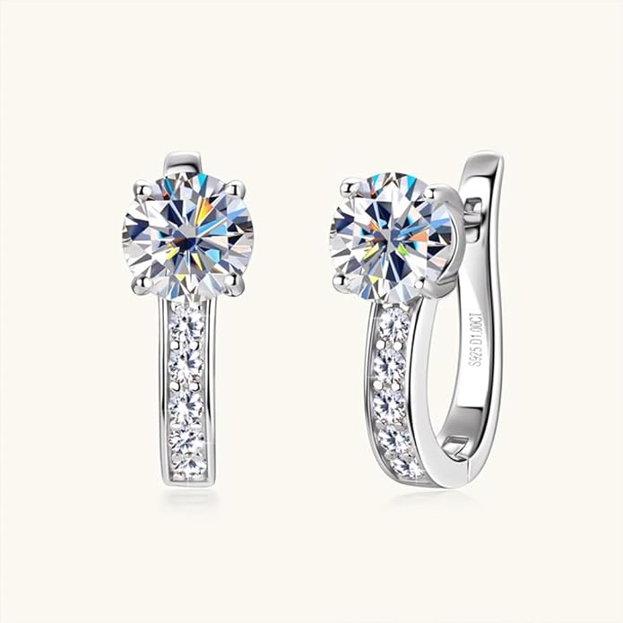 U-Shaped 1ct D-color Diamond Hoop Earrings Latch Back for Women in Sterling Silver, Timeless Wedding or Anniversary
