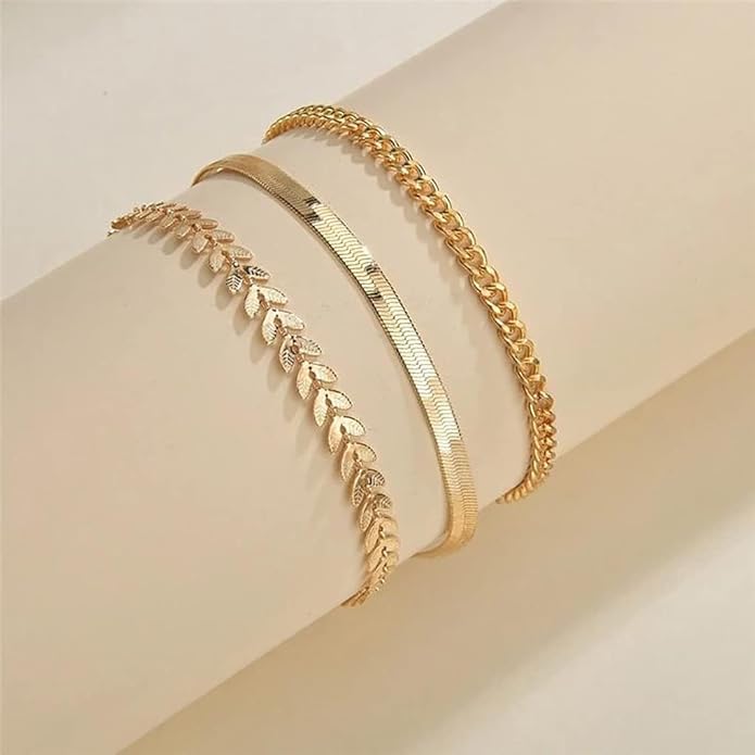 MIDEEO Gold/Silver Ankle Bracelets for Women,14K Gold Anklets for Women Waterproof Cuban Link Heart Beads Herringbone Rhinestone Anklets Set Layered Anklet Bracelets for Women Gold Jewelry Gift