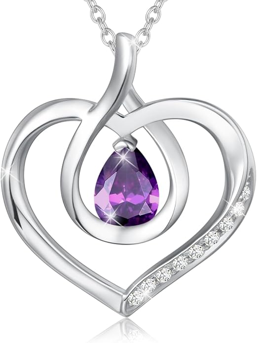 AGVANA Valentines Day Gifts Heart Birthstone Necklace for Women Sterling Silver Genuine or Created Gemstone Forever Love Pendant Necklace Fine Jewelry Anniversary Birthday Gifts for Women Mom Wife