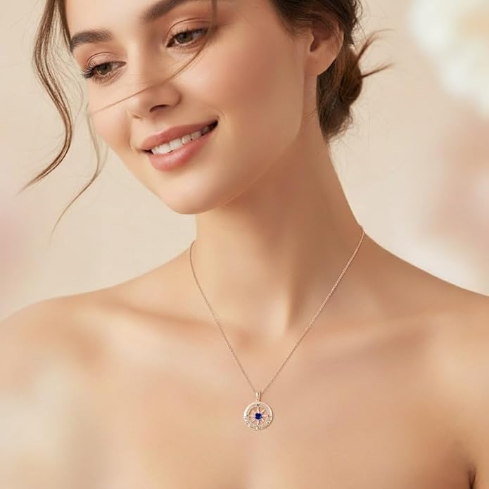 Compass Necklace for Women Wife Girlfriend Mom Daughter Gifts S925 Sterling Silver Jewelry For Anniversary Rose Gold Gifts For Birthday Christmas Mothers Valentines Day 12 Birthstones