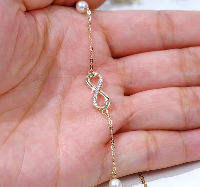14k Gold Natural Diamond Infinity Anklets for Women, Real Gold Pearl Jewelry Ankle Bracelet Gifts for Her, 9.4-11 Inch