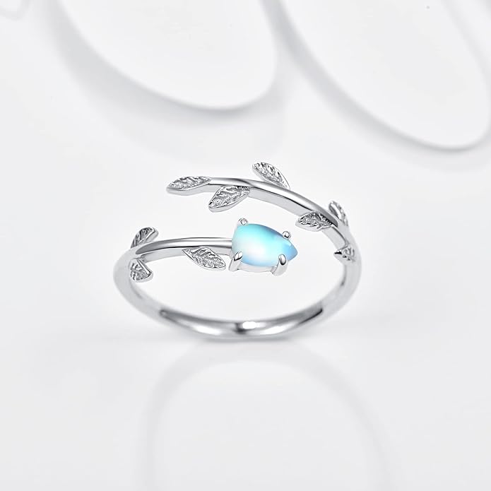 PRAYMOS 925 Sterling Silver Leaf Ring White Opal Moonstone Rings Adjustable Open Ring for Women with Jewelry Box Size 7-9