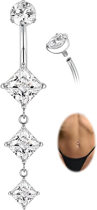 GAGABODY G23 Titanium Belly Button Ring Dangle Belly Rings Belly Piercing Jewelry 14G 3/8 inch 10mm Navel Barbell CZ Navel Piercing Ring