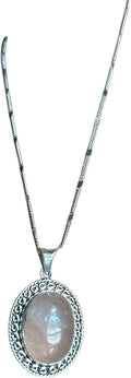 Sterling Silver Necklace with Rose Quartz Teardrop Pendant, Beaded Frame Design, Delicate Chain