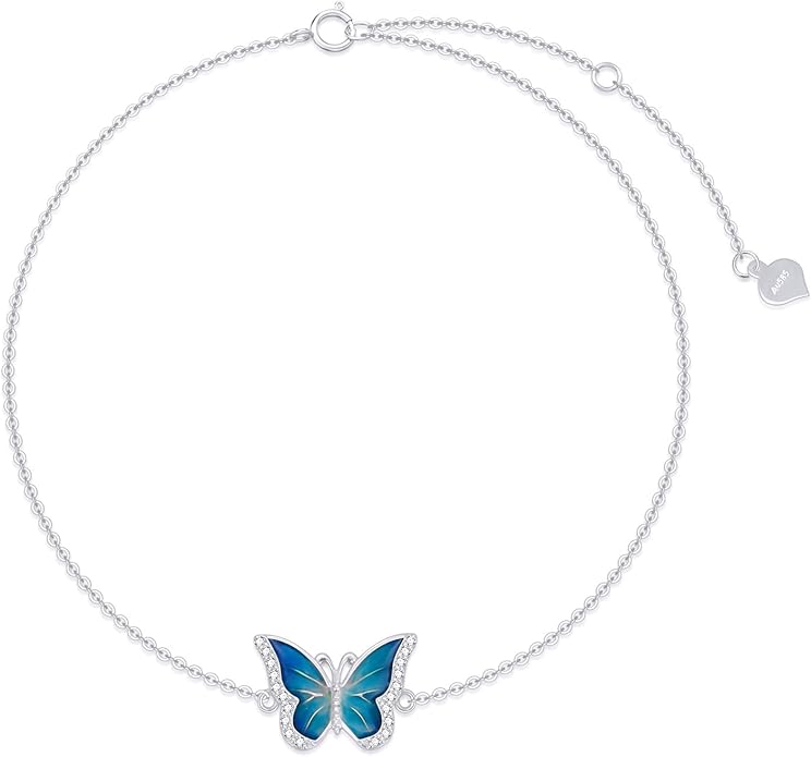 SISGEM 14k Gold Diamond Blue Butterfly Anklet for Women, 14 Karat Gold Ankle Bracelet Jewelry Gifts for Her (0.12 ct, 9.4-11 Inch)