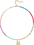 Beaded Initial Necklace for Women, Boho Natural Stone Semi-Precious Stone 18K Gold Plated Letter Pendant Rainbow Colorful Trendy Alphabet Dainty Choker Jewelry for Women Summer Beach Party
