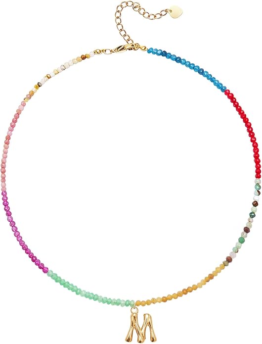 Beaded Initial Necklace for Women, Boho Natural Stone Semi-Precious Stone 18K Gold Plated Letter Pendant Rainbow Colorful Trendy Alphabet Dainty Choker Jewelry for Women Summer Beach Party