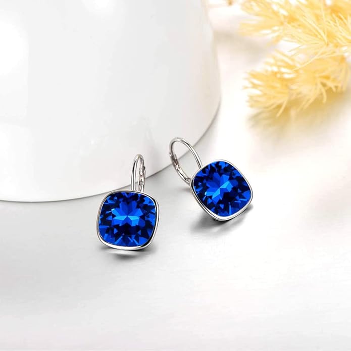 AOBOCO Sterling Silver Leverback Earrings Embellished with Crystals from Austria, Hypoallergenic Cushion Cut Square Crystal Earrings, Fine Anniversary Birthday Jewelry Gifts for Women
