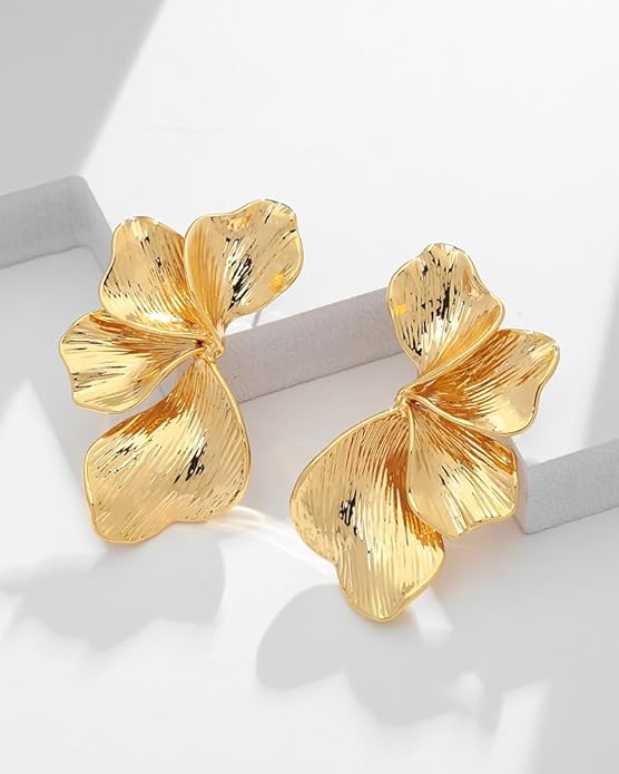 Chunky Gold Statement Earrings For Women Gold Plated Sectored Flower Leaf Shell Angel Wing Earrings Trendy Boho Jewelry For Women Large Stud Earrings Hypoallergenic Earrings