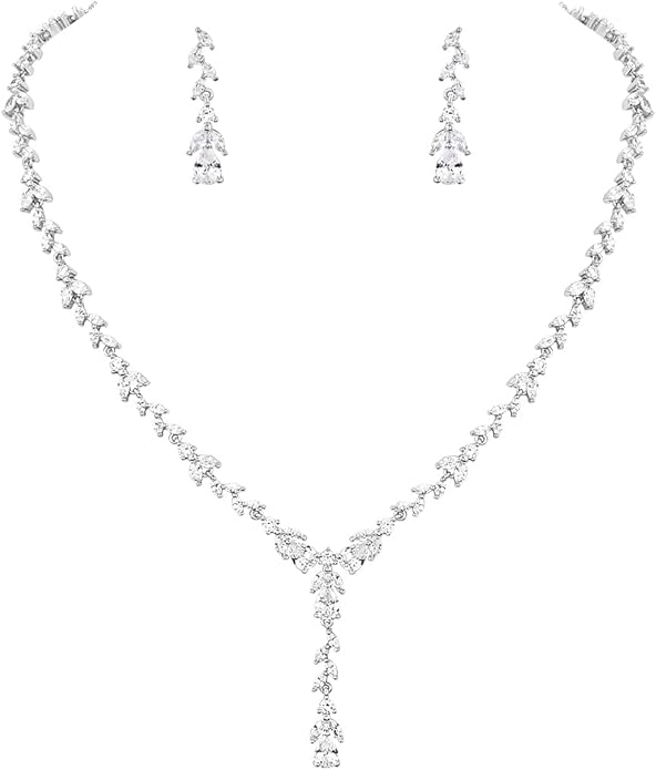 Bridal Wedding Jewelry CZ Set Marquise Teardrop Cubic Zirconia Pendant Necklace and Dangle Earring Bracelet Sets for Women