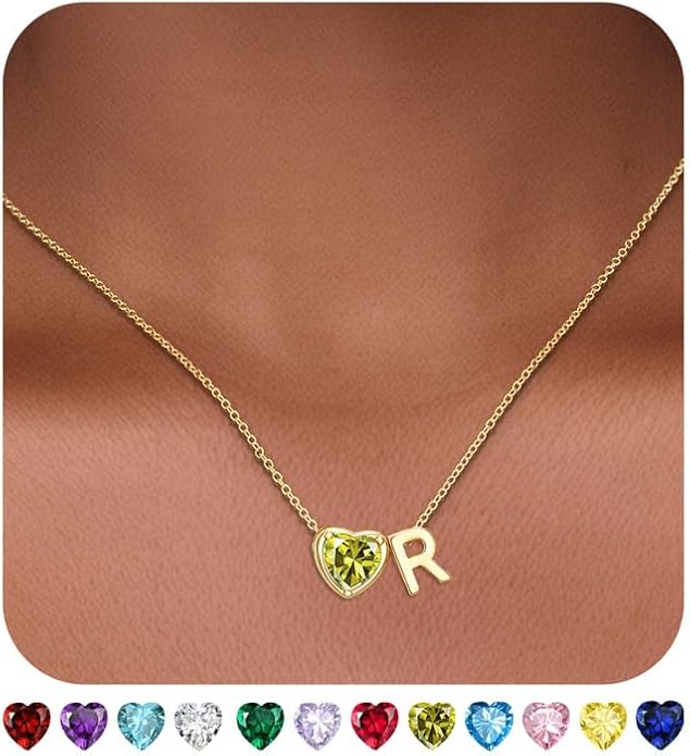 Valentines Day Gifts for Her- Heart Birthstone Initial Necklace for Women Girls,14K Gold Plated Heart Letter A-Z Necklace Birthday Trendy Jewelry Gifts for Women Girls Daughter