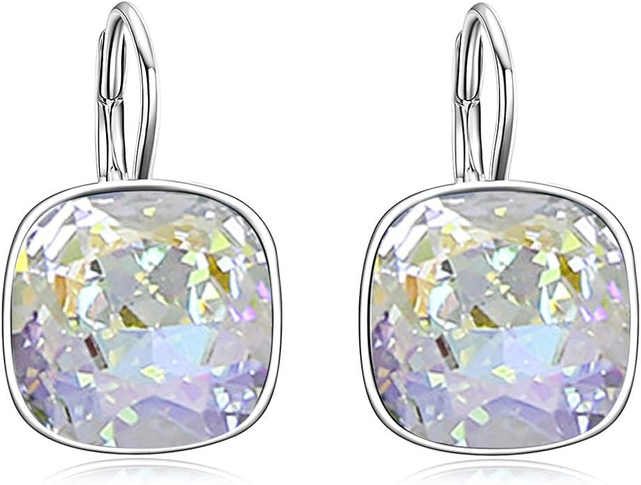 AOBOCO Sterling Silver Leverback Earrings Embellished with Crystals from Austria, Hypoallergenic Cushion Cut Square Crystal Earrings, Fine Anniversary Birthday Jewelry Gifts for Women