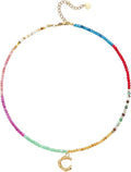 Beaded Initial Necklace for Women, Boho Natural Stone Semi-Precious Stone 18K Gold Plated Letter Pendant Rainbow Colorful Trendy Alphabet Dainty Choker Jewelry for Women Summer Beach Party