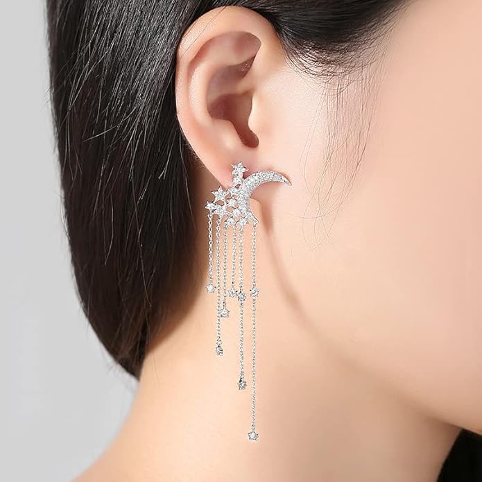 14K Gold Moissanite Moon Star Long Drop Earrings,Dainty Moon and Star Style Long Dangle Earrings,Fashion Jewelry Gift for Her