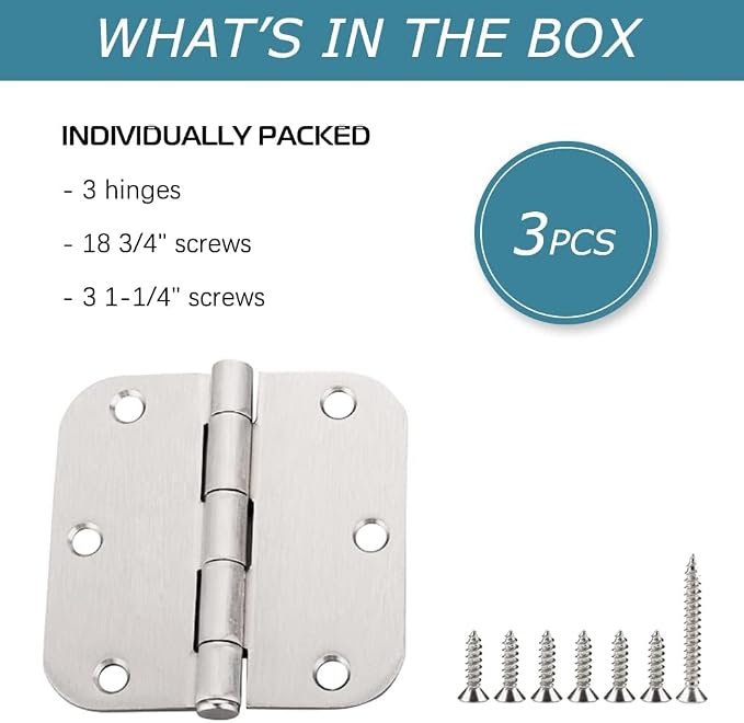 30 Pack Satin Nickel Door Hinges 3.5 inch Brushed Nickel Hinges Rounded 5/8" - Image 7