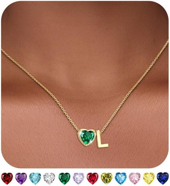 Valentines Day Gifts for Her- Heart Birthstone Initial Necklace for Women Girls,14K Gold Plated Heart Letter A-Z Necklace Birthday Trendy Jewelry Gifts for Women Girls Daughter