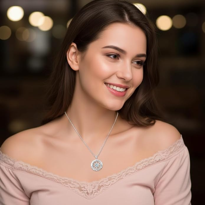 Compass Necklace for Women Wife Girlfriend Mom Daughter Gifts S925 Sterling Silver Jewelry For Anniversary Rose Gold Gifts For Birthday Christmas Mothers Valentines Day 12 Birthstones