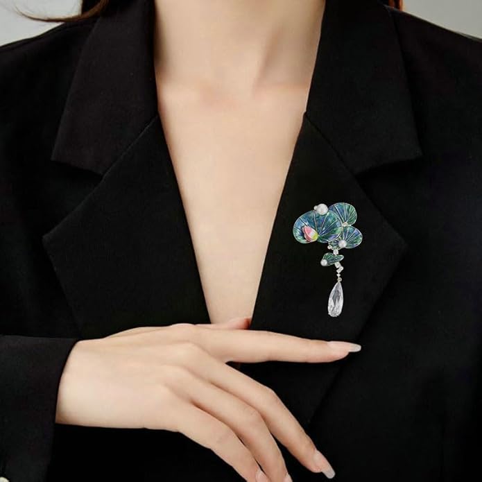 14K Gold Handmade Enamel Water Lily Brooch, Freshwater Pearl Pendant, Elegant Design for Cheongsam, Coats and Chinese Style Outfits