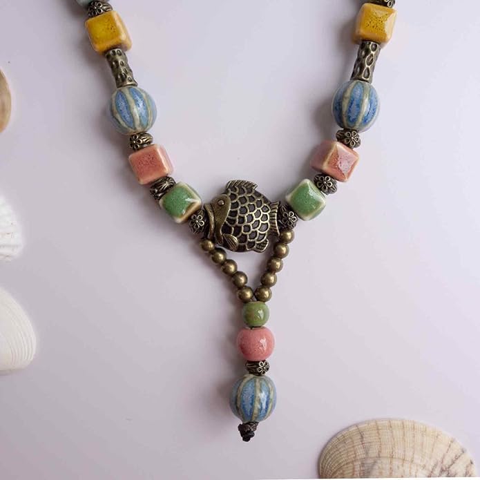 Adjustable Ceramic Beaded Necklace for Women, Boho Handmade Flower Pendant Necklace, Hippie Jewelry for Mom and Wife